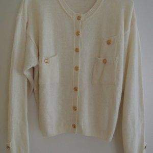 Ladies Sweater Size L Off White Wool Blend Cardigan w/Brass Buttons $85 Value